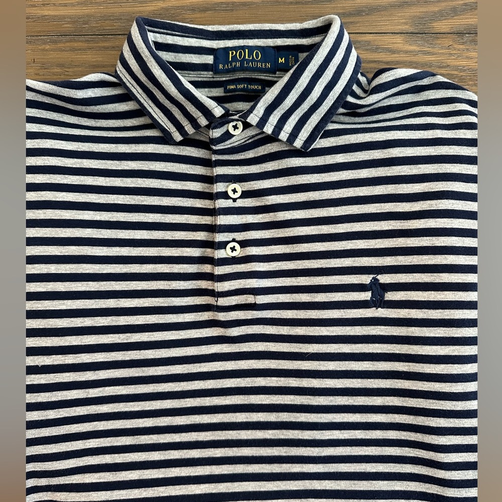 Ralph Lauren Striped Blue/Gray Prima Soft Short Sleeve Polo Size M Gently‎ Worn